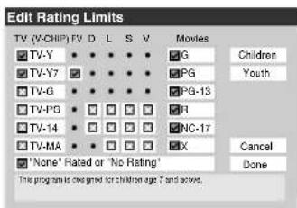 Edit Rating Limits TV (V-CHIP) FV D L S V Movies TV-Y • • • • • • G Children TV-Y7 • • • • • • PG Youth TV-G • • • • • • PG-13 TV-PG • □ □ □ □ R TV-14 • □ □ □ □ NC-17 TV-MA • □ □ □ □ X Cancel 'None' Rated or 'No Rating' This program is designed for children age 7 and above.