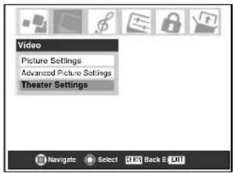Video Picture Settings Advanced Picture Settings Theater Settings Navigate Select Back E-LOT