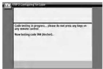 STEP 2: Configuring the Color Code testing in progress... please do not press any keys on any remote control. Now testing code 044 (Archer)...
