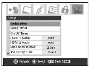 Setup Installation Scoop Timer Co-off Timer HDMI 1 Audio Auto HDMI 2 Audio Auto Blids Show Internal 2 Sec AVHD Skip Time 15 min Navigate Select 0x80 Back E-Exit