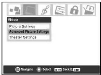 Video Picture Settings Advanced Picture Settings Theater Settings Navigate Select Back E 30