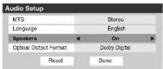 Audio Setup MTS Language Speaker Optical Output Format Reset Stereo English On Dolby Digital Done