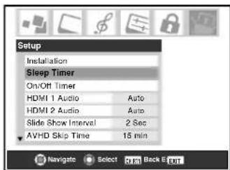 Setup Installation Sleep Timer On/OFF Timer HDMI 1 Audio Auto HDMI 2 Audio Auto Slide Show Interval 2 Sec AVHD Skip Time 15 min Navigate Select TIME Back Event