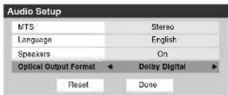 Audio Setup MTS Stereo Language English Speakers On Optical Output Format Dolby Digital Reset Done