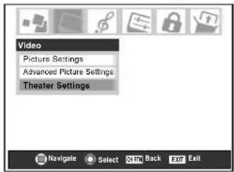 Video Picture Settings Advanced Picture Settings Theater Settings Navigate Select CSTM Back EXIT Exit