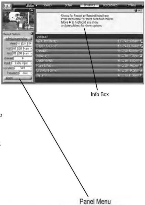 Record Options schedule recording time 02 6:29:04 start 01 30:am end 02 00:am channel 6 input Cable Input resorder VCR frequency once CANCE SCHEDULE With Printability Report Out Lines Readout! Notpartly! Deadline ABC Hope & Feel! Lifetime Formine! Play Menu Info Box Panel Menu
