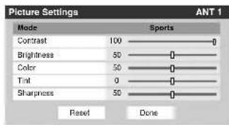 Picture Settings ANT 1 Mode Sports Contrast 100 Brightness 50 Color 50 Tint 0 Sharpness 50 Reset Done