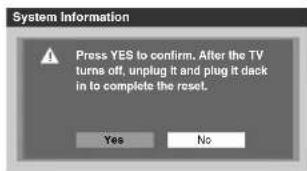 System Information Press YES to confirm. After the TV turns off, unplug it and plug it dack in to complete the reset. Yes No