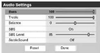 Audio Settings Bass 100 Tcode 100 Balance 0 SBS On 5BS Level 85 Off ScaleSound Reset Done