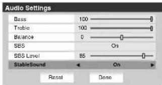 Audio Settings Bass 100 Treble 100 Balance 0 SBS On SBS Level 85 StableSound On Reset Done