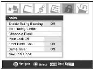 Locks Enable Rating Blocking Off Edit Rating Limits Channels Block Input Lock Off Front Panel Lock Off Game Timer Off New PIN Code Navigate Select Ctrl Back E-Ext
