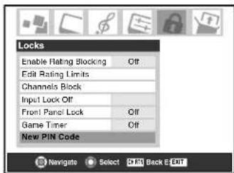 Locks Enable Rating Blocking Off Edit Rating Limits Channels Block Input Lock Off Front Panel Lock Off Game Timer Off New PIN Code Navigate Select Edit Back E-EN