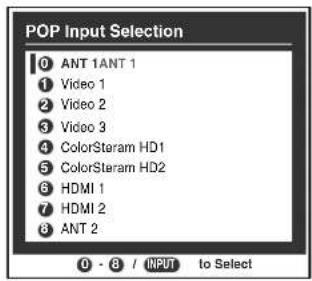 POP Input Selection 0 ANT 1ANT 1 1 Video 1 2 Video 2 3 Video 3 4 ColorSteram HD1 5 ColorSteram HD2 6 HDMI 1 7 HDMI 2 8 ANT 2 0 - 8 / INPUT to Select