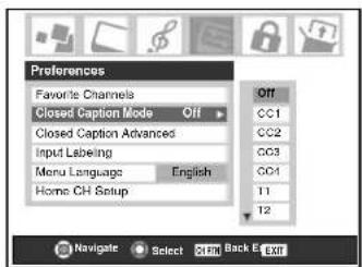 Preferences Favorite Channels Closed Caption Mode Off Closed Caption Advanced Input Labeling Menu Language English Home CH Setup Off CC1 CC2 CC3 CC4 11 12 Navigate Select CHECK Back En Exit