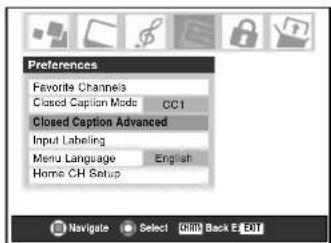Preferences Favorite Channels Closed Caption Mode CC1 Closed Caption Advanced Input Labeling Menu Language English Home CH Setup Navigate Select Ctrl Back E 501