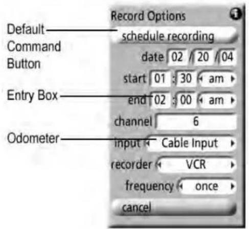 Default Command Button Entry Box Odometer Record Options schedule recording date 02 / 20 / 04 start 01 : 30 am end 02 : 00 am channel 6 input Cable Input recorder VCR frequency once cancel