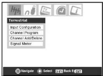 Terrestrial Input Configuration Channel Program Channel Add/Delete Signal Meter Navigate Select OK Back E-OUT