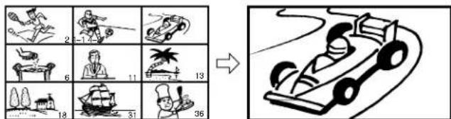 Illustrated guide showing a racing game with numbered instructions and a corresponding action photo of a motor race.
