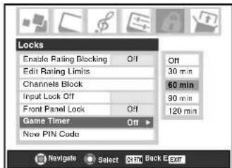 Locks Enable Rating Blocking Off Edit Rating Limits Channels Block Input Lock Off Front Panel Lock Off Game Timer Off New PIN Code Off 30 min 60 min 90 min 120 min Navigate Select Start Back E Exit