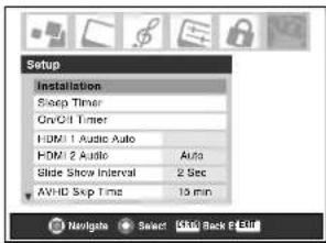 Setup Installation Sweep Timer On/O/1 Timer HDMI 1 Audio Auto HDMI 2 Audio Slide Show Interval AVHD Skip Time Auto 2 Sec 10 min Navigate Select Back Back