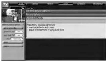 SETUP General default options Remove default Remind defaults Press menu to access options to select whether to auto use adjust reminder time if using auto time