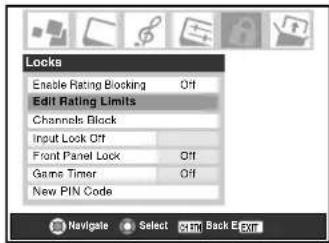 Locks Enable Rating Blocking Off Edit Rating Limits Channels Block Input Lock Off Front Panel Lock Off Game Timer Off New PIN Code Navigate Select Back E Exit