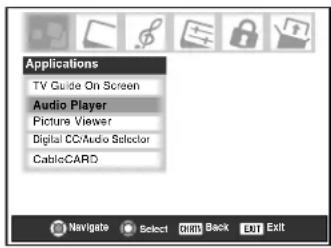 Applications TV Guide On Screen Audio Player Picture Viewer Digital CC/Audio Selector CableCARD Navigate Select Edit Back Exit