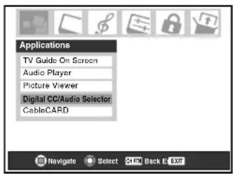 Applications TV Guide On Screen Audio Player Picture Viewer Digital CC/Audio Selector CableCARD Navigate Select CRL Back E Exit