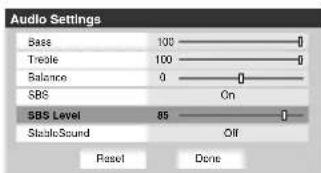 Audio Settings Bass 100 Treble 100 Balance 0 SBS On SBS Level 85 StaticSound Off Reset Done