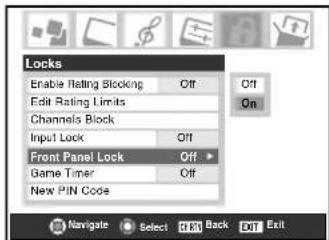 Locks Enable Rating Blocking Off Edit Rating Limits Channels Block Input Lock Off Front Panel Lock Off Game Timer Off New PIN Code Navigate Select Back Exit