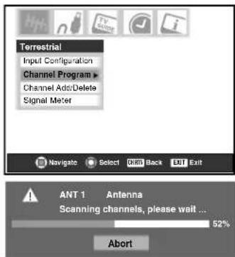 Terrestrial Input Configuration Channel Program ▶ Channel Add:Delete Signal Meter Navigate Select Print Back EUT Exit ANT 1 Antenna Scanning channels, please wait ... 52% Abort