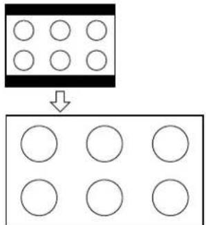 Diagram showing transformation of a grid with nine circles to a 3x3 grid, indicating a mapping or scaling process.