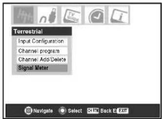 Terrestrial Input Configuration Channel program Channel: Adds/Delete Signal Meter Navigate Select SFM Back E F Exit