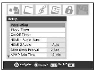 Setup Installation Sleep Timer On/OFF Timer HDMI 1 Audio Auto HDMI 2 Audio Auto Slide Show Interval 2 Ssc AVHD Skip Time 15 min Navigate Select Edit Back E Exit