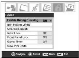 Locks Enable Rating Blocking Off Edit Rating Limits Channels Block Input Lock Off Front Panel Lock Off Game Timer Off New PIN Code Navigate Select Ctrl Back Exit Exit