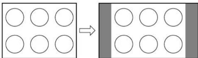 Diagram showing transformation of six circles into four circles within a divided rectangle, with an arrow indicating the process.