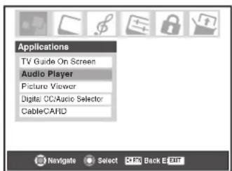 Applications TV Guide On Screen Audio Player Picture Viewer Digital CC:Audio Selector CableCARD Navigate Select Back E Exit