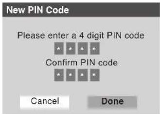 New PIN Code Please enter a 4 digit PIN code * * * * Confirm PIN code * * * * Cancel Done