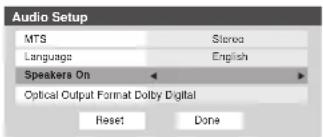 Audio Setup MTS Stereo Language English Speakers On Optical Output Format Dolby Digital Reset Done