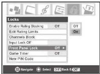 Locks Enable Rating Blocking Off Edit Rating Limits Channels Block Input Lock Off Front Panel Lock Off Game Timer Off New PIN Code Navigate Select Back Off