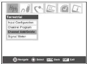Terrestrial Input Configuration Channel Program Channel Add/Delete Signal Meter Navigate Select Edit Back Exit Exit