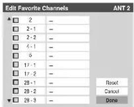 Edit Favorite Channels ANT 2 2 - 2 - 1 - 2 - 2 - 4 - 1 - 5 - 17 - 1 - 17 - 2 - 28 - 1 - 28 - 2 - 28 - 3 - Reset Cancel Done