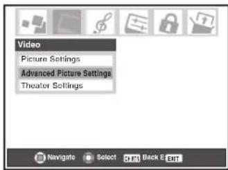 Video Picture Settings Advanced Picture Settings Theater Settings Navigate Select CRL Back E ENT