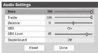 Audio Settings Bass 100 Tread 100 Balance 0 SBS On SBS Level 85 StableSound Off Reset Done