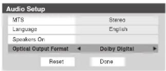 Audio Setup MTS Stereo Language English Speakers On Optical Output Format Delby Digital Reset Done