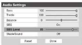 Audio Settings Bass 100 Triple 100 Balance 0 SBS On SBS Level 85 StableSound Off Reset Done