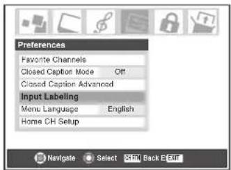 Preferences Favorite Channels Closed Caption Mode Off Closed Caption Advanced Input Labeling Menu Language English Home CH Setup Navigate Select Ctrl Back E-Ext