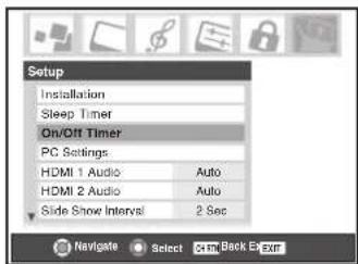 Setup Installation Sleep Timer On/Off Timer PC Settings HDMI 1 Audio Auto HDMI 2 Audio Auto Slide Show Interval 2 Sec Navigate Select Back E:\sum