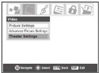 Video Picture Settings Advanced Picture Settings Theater Settings Navigate Select Ctrl Back Exit Exit