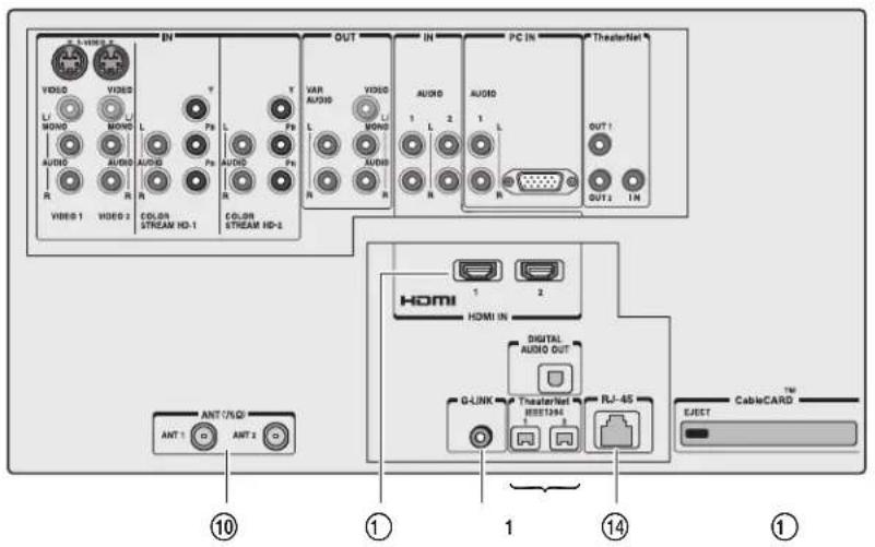 VHOD 1 VHOD 2 VIDEO L MOND AUDIO R VIDEO HD-1 COLOR STREAM HD-2 IN V L Pb L Pb Pb R R OUT VAR AUDIO L VHOD L VHOD L AUDIO N N IN IN PC IN AUDIO 1 L 2 1 L M TheaterNet OUT1 OUT2 IN HDMI HDMI IN DIGITAL AUDIO OUT G-LINK TheaterNet IEEE104 FLJ-65 EJECT CableCARD ⑩ ① ① ⑭ ①